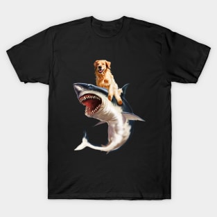 Funny Golden Retriever Dog Riding Shark T-Shirt